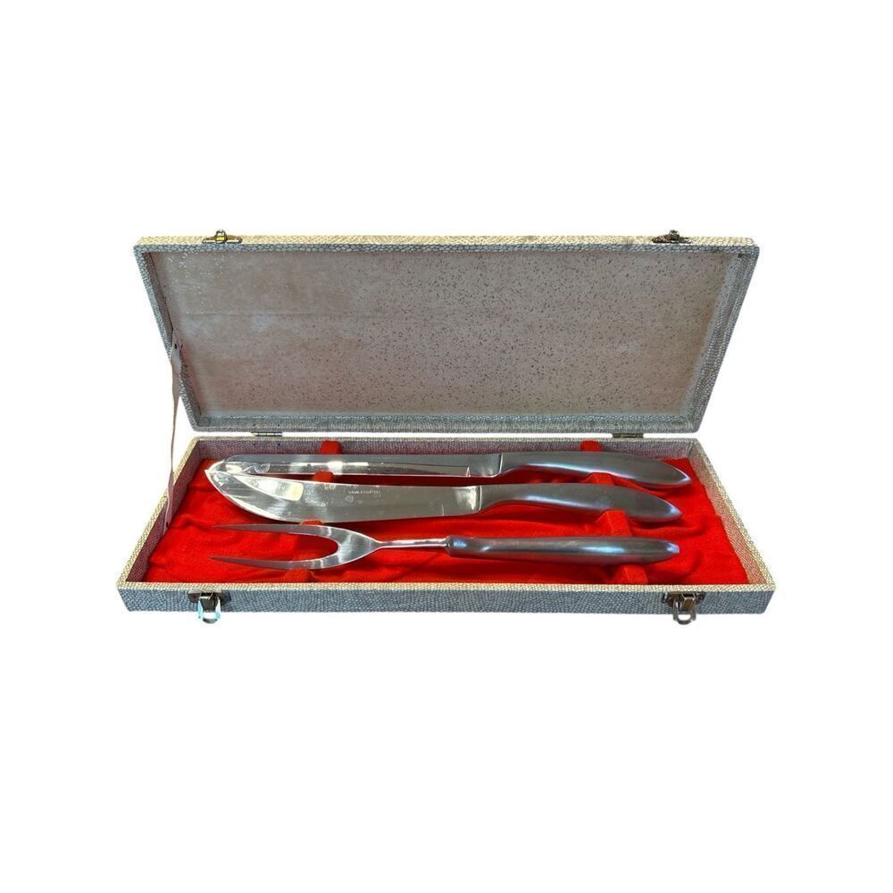 Vintage Eldan Carving Knife Fork Set 3 Piece Stainless MCM  Japan Original Case